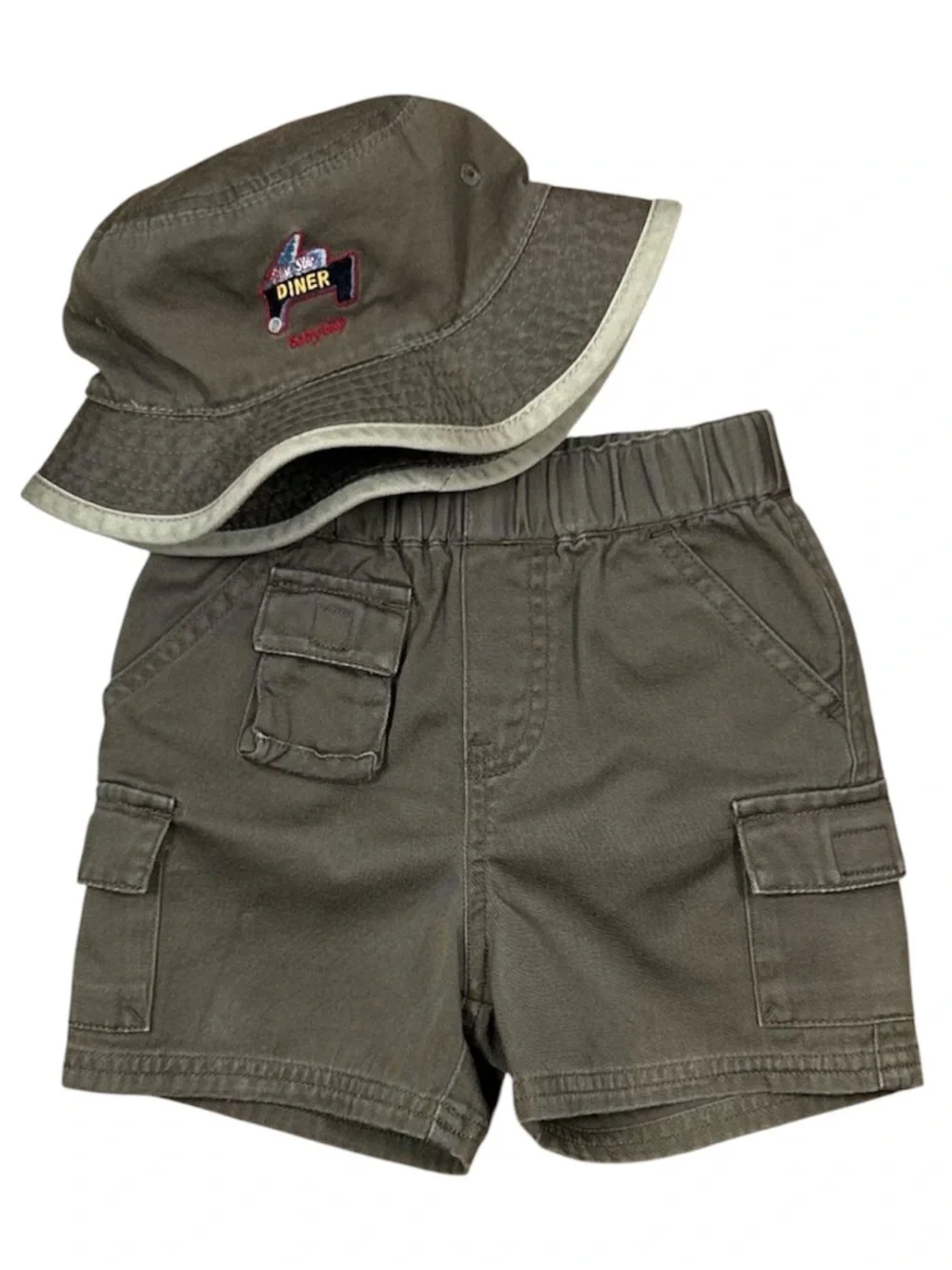 VINTAGE 90s Baby GAP Boys Safari Cargo Shorts & Bucket Hat Set Olive 6-12M